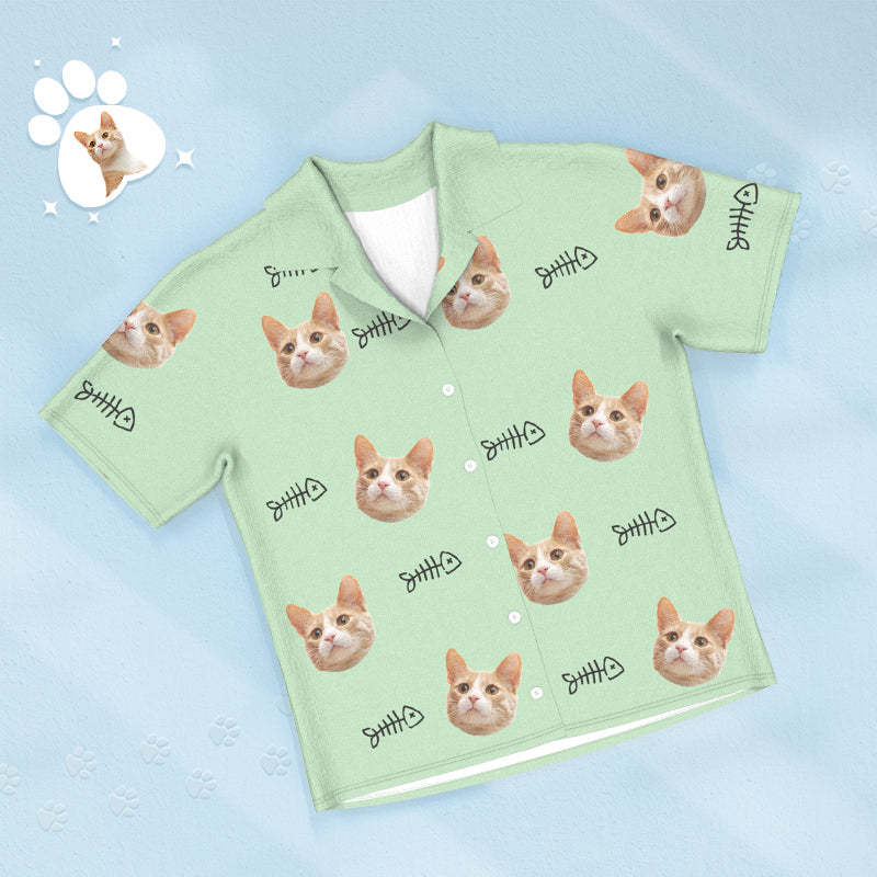 Custom Face Short Sleeved Pajamas Personalized Cat Sleepwear With Fish Women Men Pajamas - 