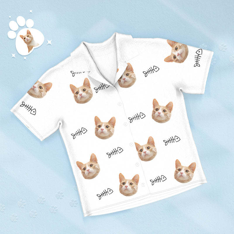 Custom Face Short Sleeved Pajamas Personalized Cat Sleepwear With Fish Women Men Pajamas - 
