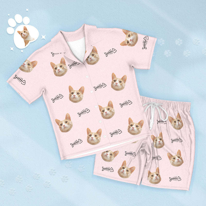 Custom Face Short Sleeved Pajamas Personalized Cat Sleepwear With Fish Women Men Pajamas - 