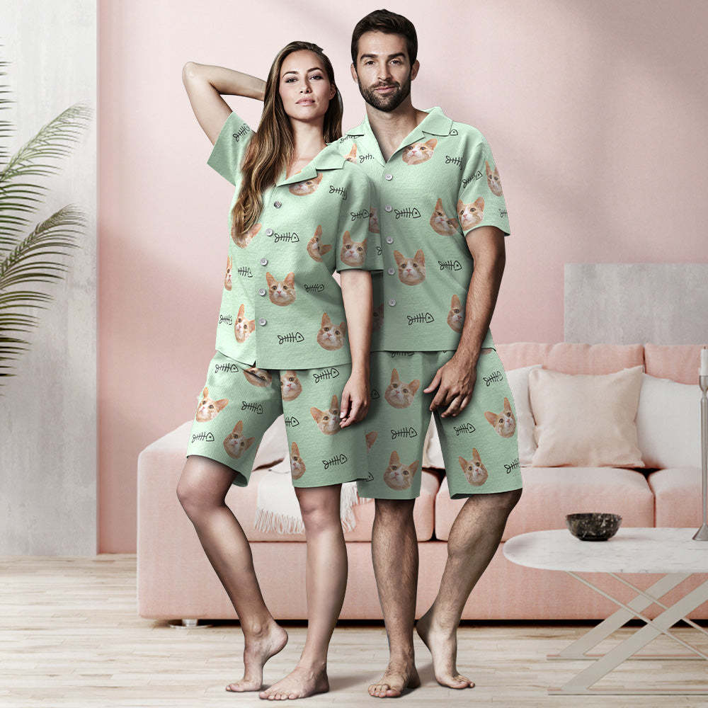 Custom Face Short Sleeved Pajamas Personalized Cat Sleepwear With Fish Women Men Pajamas - 