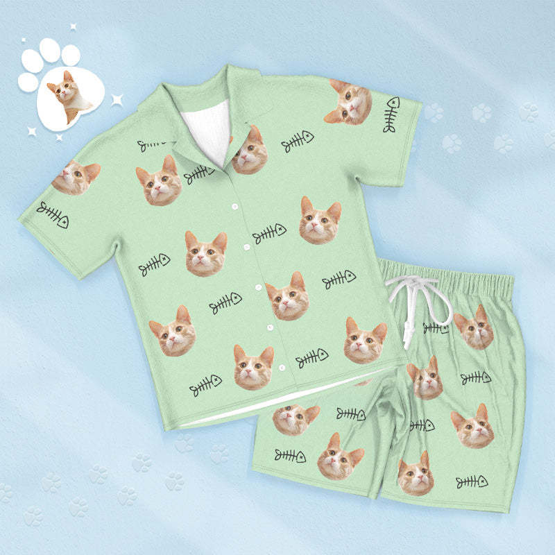 Custom Face Short Sleeved Pajamas Personalized Cat Sleepwear With Fish Women Men Pajamas - 