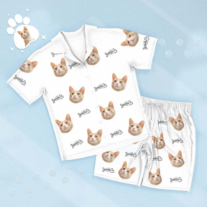 Custom Face Short Sleeved Pajamas Personalized Cat Sleepwear With Fish Women Men Pajamas - 