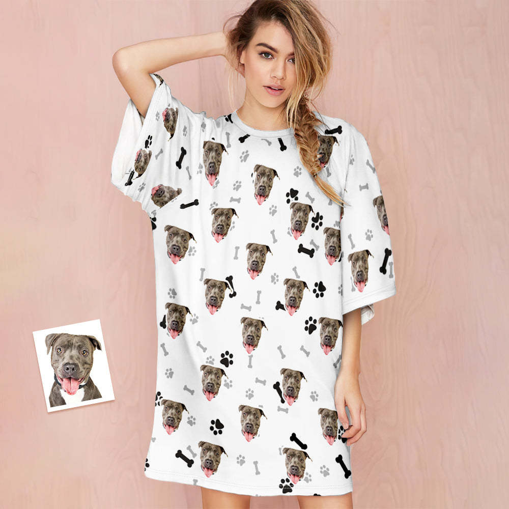 Custom Dog Face Nightdress Personalized Photo Women's Oversized Colorful Nightshirt Bone Gifts For Women - 