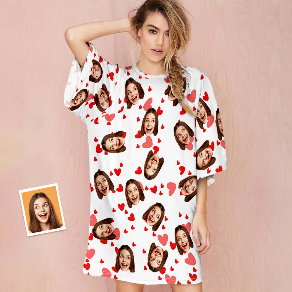 Custom Face Nightdress Personalized Photo Women's Oversized Nightshirt Red Heart Gifts For Her - 