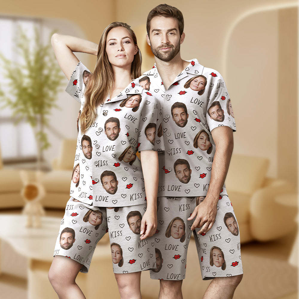 Custom Couple Face Short Sleeved Pajamas Personalized Photo Sleepwear Women Men Love Gifts - 