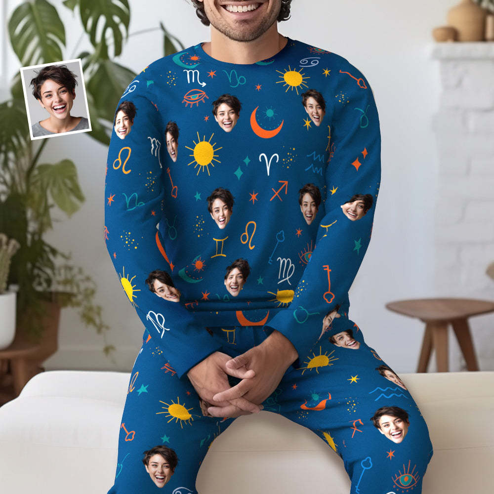Custom Face Pajamas Sleepwear Personalized Round Neck Blue Pajamas Constellation Symbol For Women And Men - 