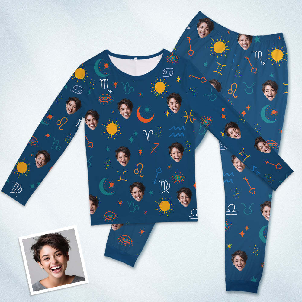 Custom Face Pajamas Sleepwear Personalized Round Neck Blue Pajamas Constellation Symbol For Women And Men - 
