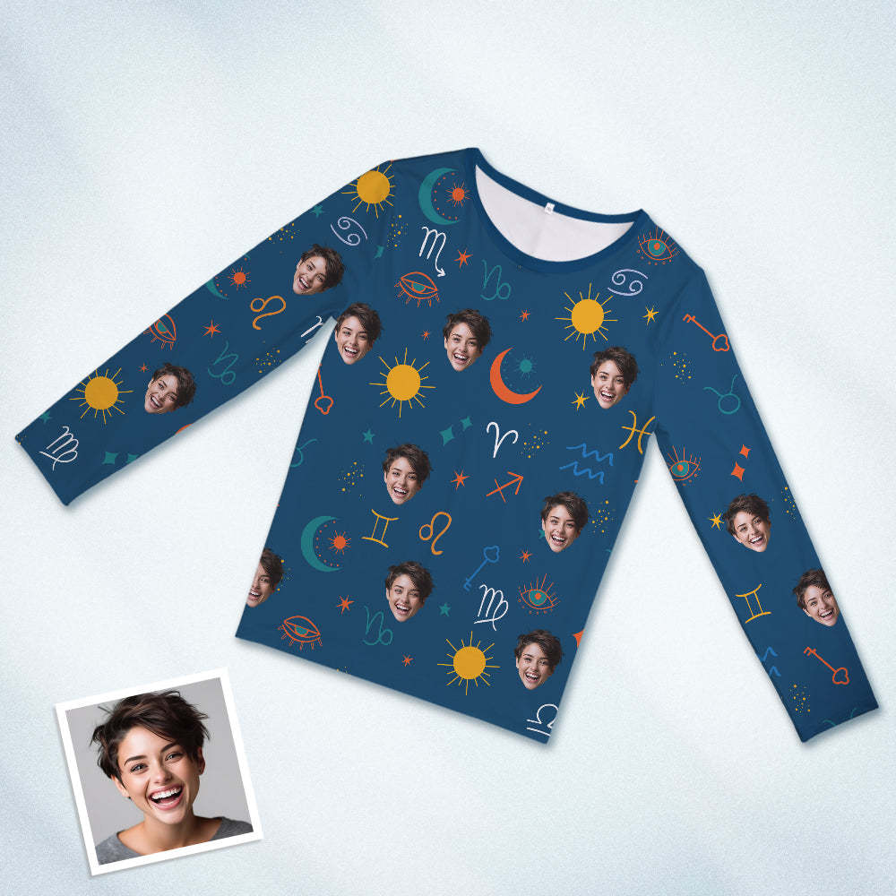 Custom Face Pajamas Sleepwear Personalized Round Neck Blue Pajamas Constellation Symbol For Women And Men - 