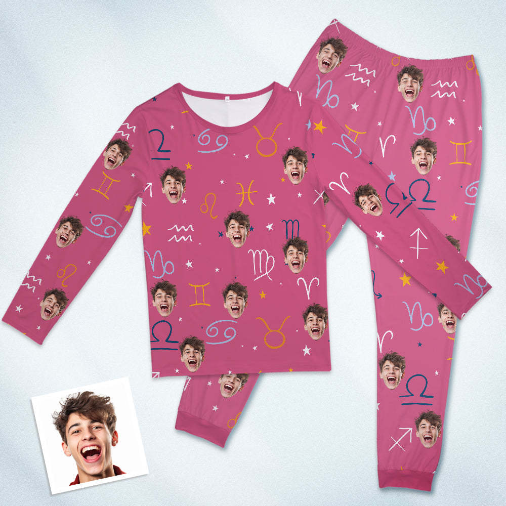 Custom Face Pajamas Sleepwear Personalized Round Neck Pink Pajamas Constellation Symbol For Women - 