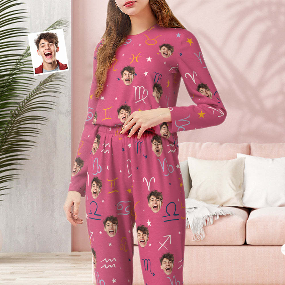 Custom Face Pajamas Sleepwear Personalized Round Neck Pink Pajamas Constellation Symbol For Women - 