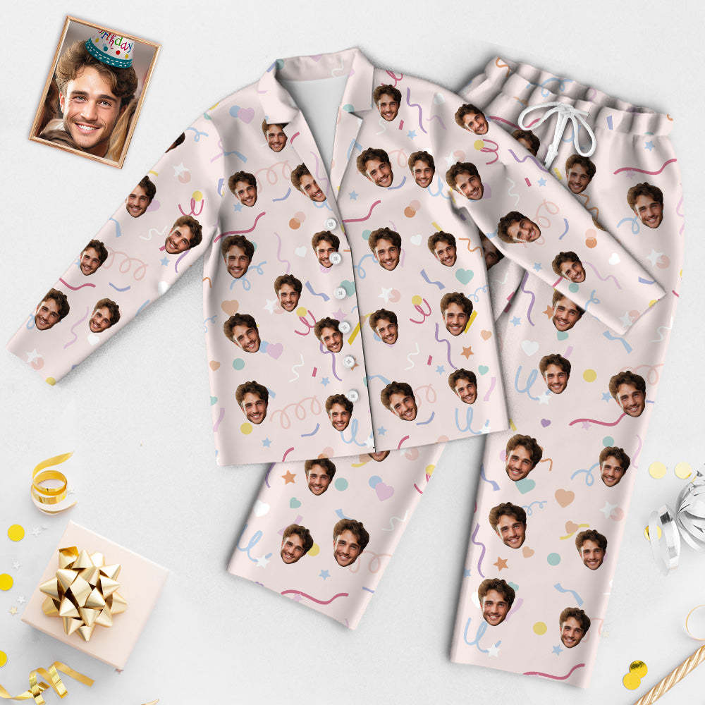 Custom Face Birthday Pajamas Personalized Photo Party Sleepwear Women Men Pink Pajama Set Colored Ribbon - 
