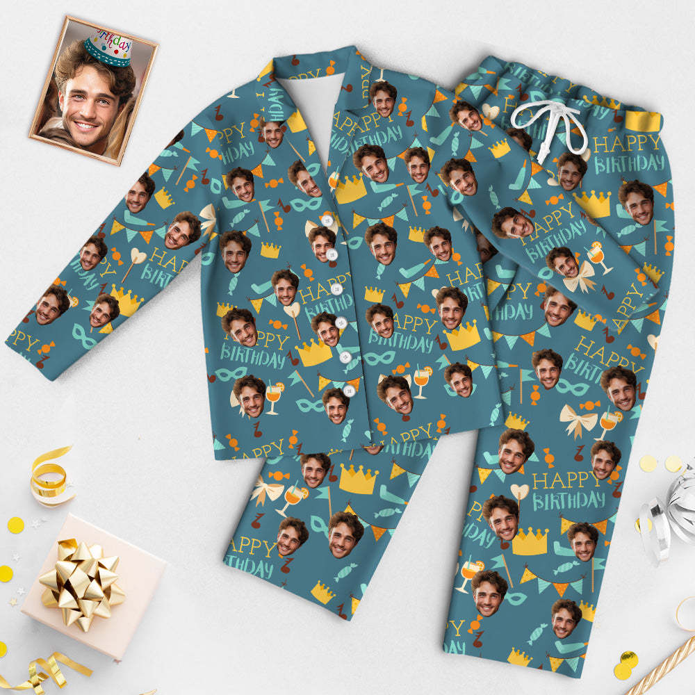 Custom Face Birthday Pajamas Personalized Photo Party Sleepwear Women Men Blue Pajama Set Happy Birthday - 