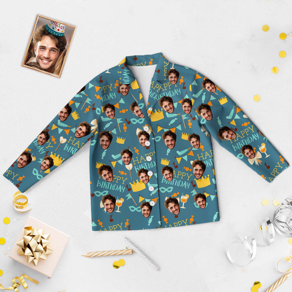 Custom Face Birthday Pajamas Personalized Photo Party Sleepwear Women Men Blue Pajama Set Happy Birthday - 