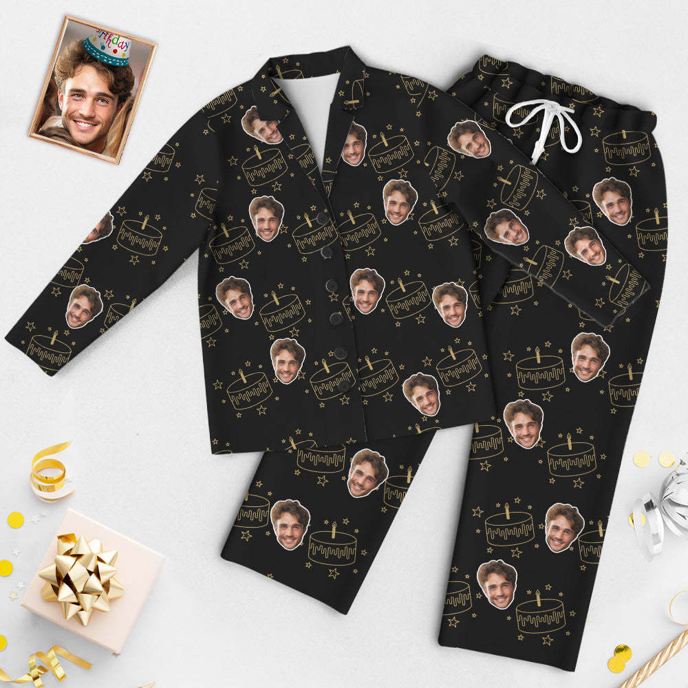 Custom Face Birthday Pajamas Personalized Photo Party Sleepwear Women Men Black Pajama Set Birthday Cake - 