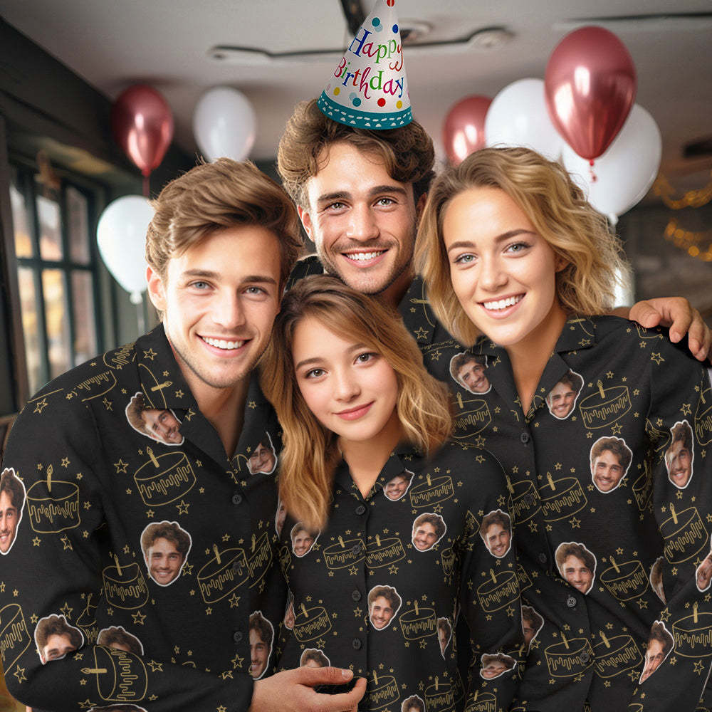 Custom Face Birthday Pajamas Personalized Photo Party Sleepwear Women Men Black Pajama Set Birthday Cake - 