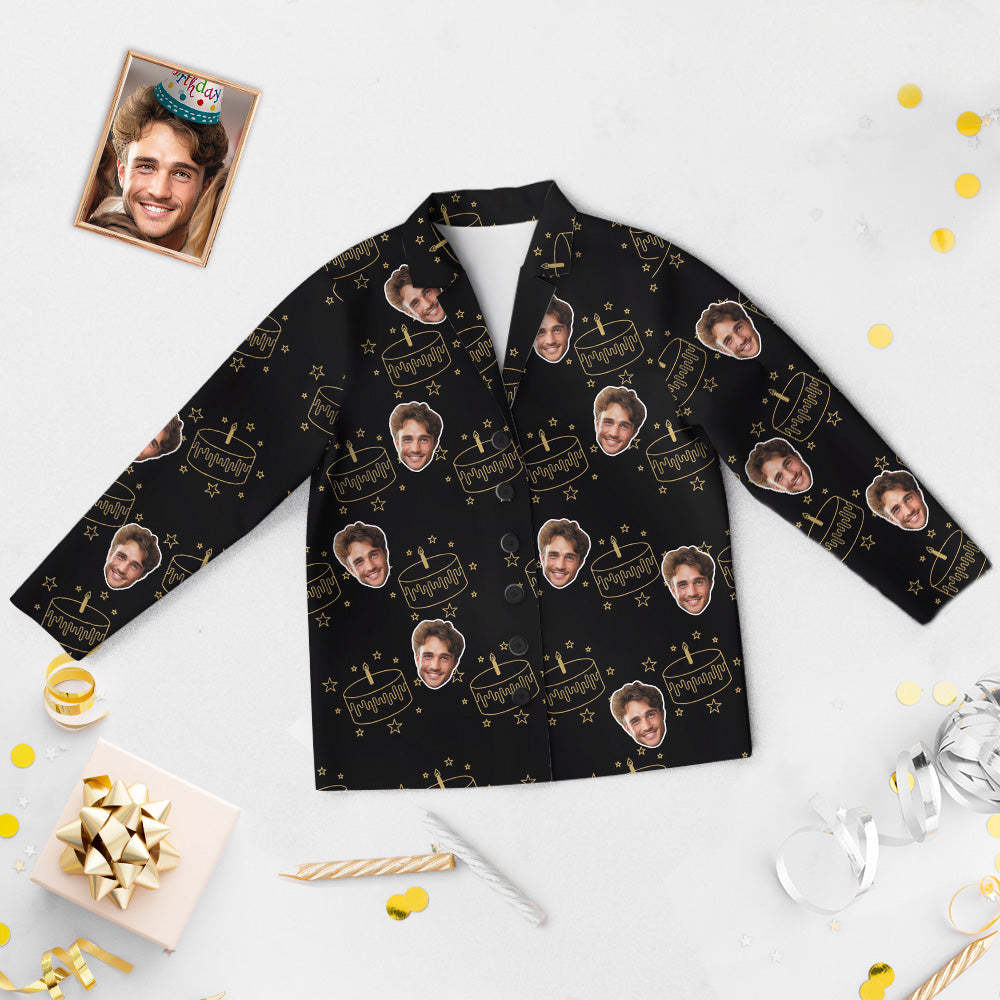 Custom Face Birthday Pajamas Personalized Photo Party Sleepwear Women Men Black Pajama Set Birthday Cake - 