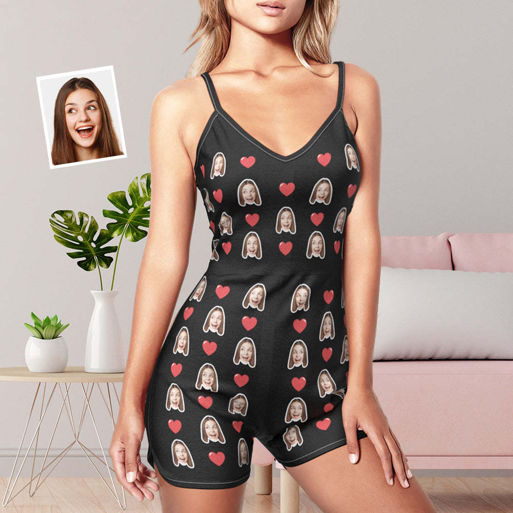 Custom Face Sling Jumpsuit Shorts Personalized Photo Love Heart Sleeveless Pajama For Women - 