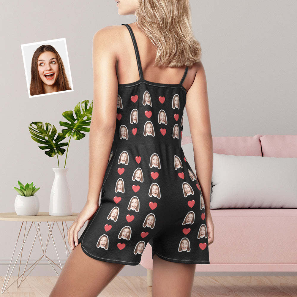 Custom Face Sling Jumpsuit Shorts Personalized Photo Love Heart Sleeveless Pajama For Women - 