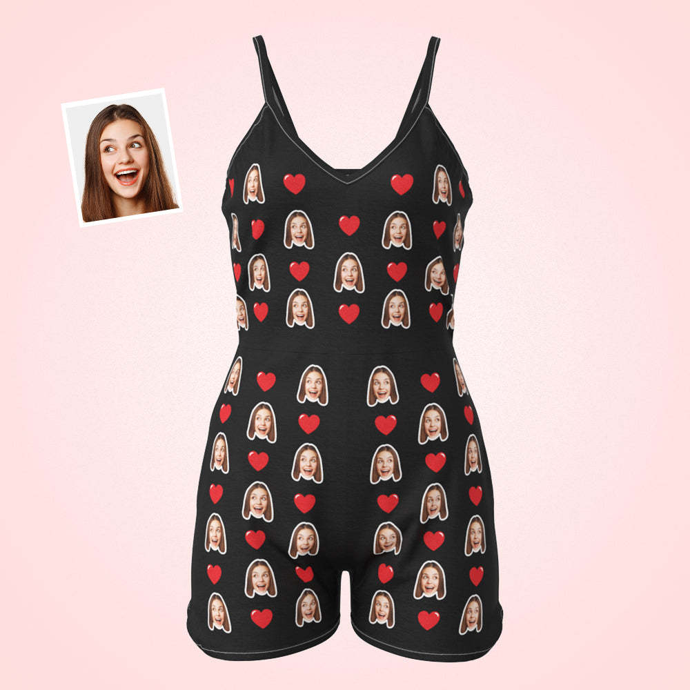 Custom Face Sling Jumpsuit Shorts Personalized Photo Love Heart Sleeveless Pajama For Women - 