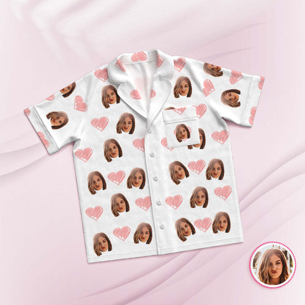 Custom Face Short Sleeved Pajamas Personalized Photo White Sleepwear Pink Heart Holiday Gifts - 