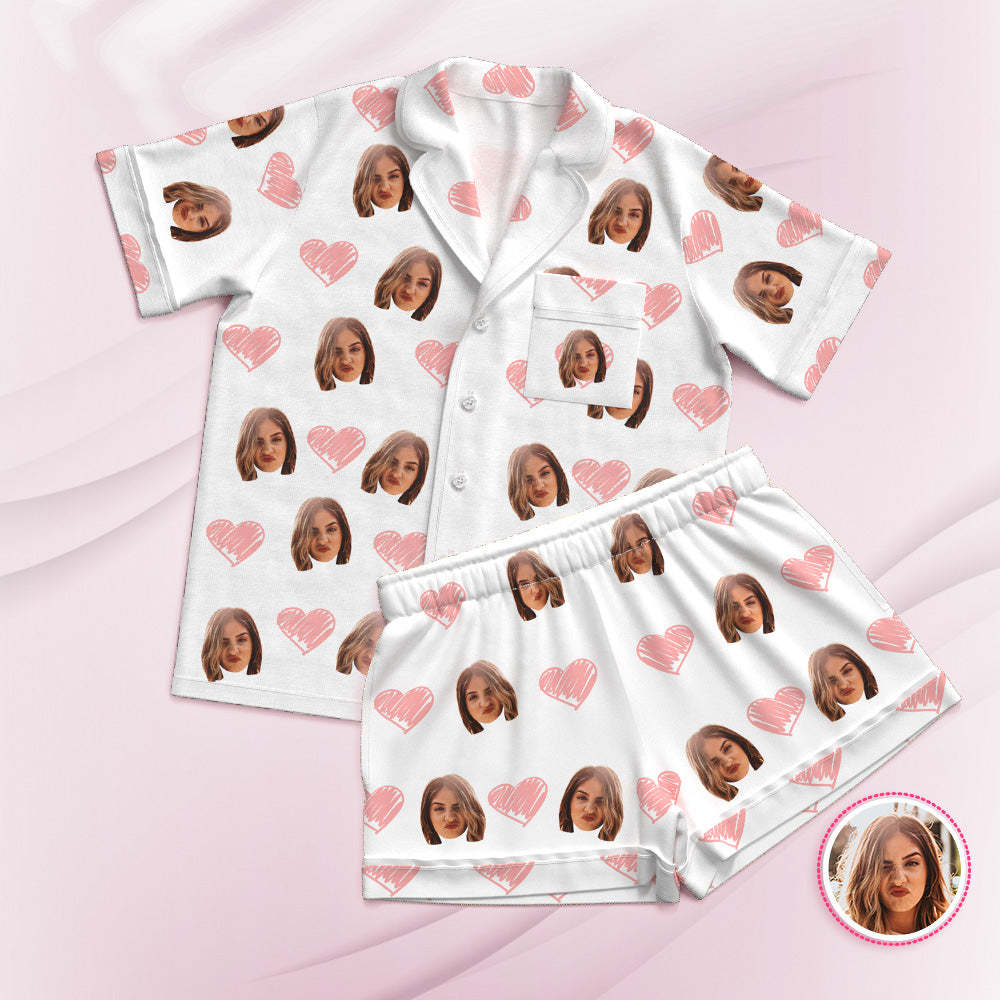 Custom Face Short Sleeved Pajamas Personalized Photo White Sleepwear Pink Heart Holiday Gifts - 