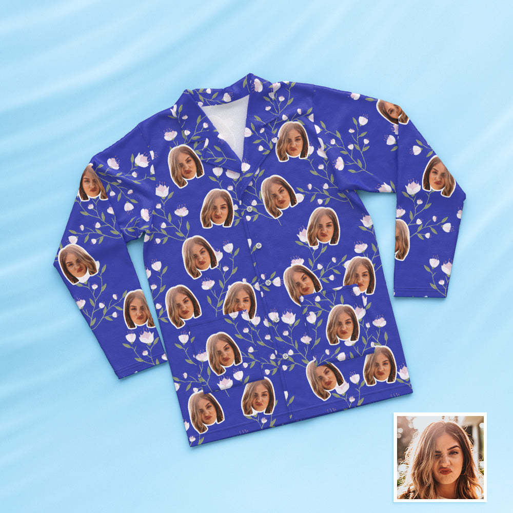 Custom Face Long Sleeve Button Down Sleepwear Personalized Photo Blue Pajamas Flowers Gift For Friends - 