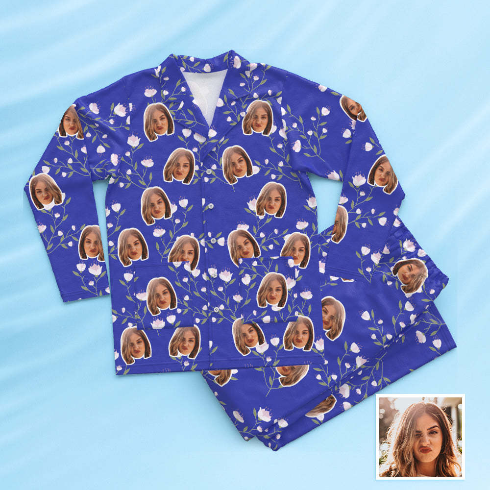 Custom Face Long Sleeve Button Down Sleepwear Personalized Photo Blue Pajamas Flowers Gift For Friends - 