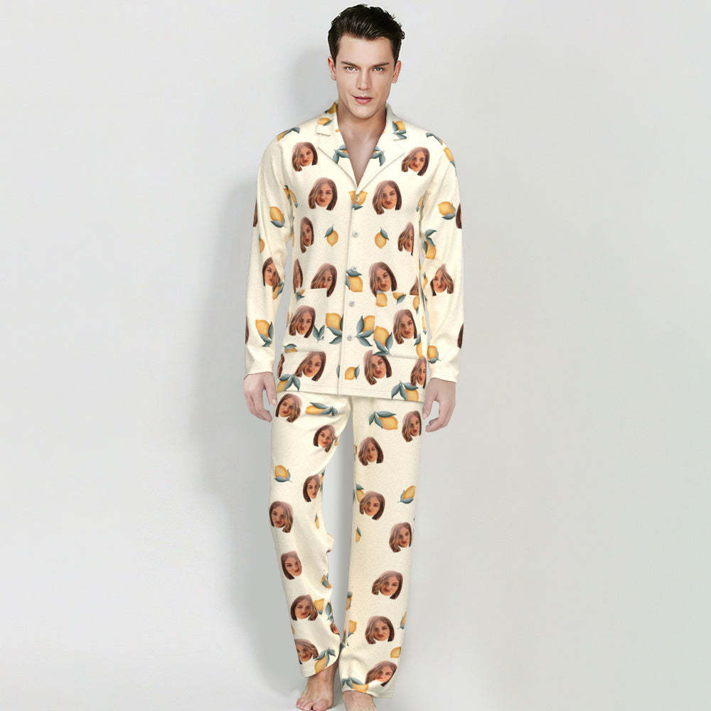 Custom Face Long Sleeve Button Down Sleepwear Personalized Photo Pajamas Lemon Floral Print Gift For Friends - 