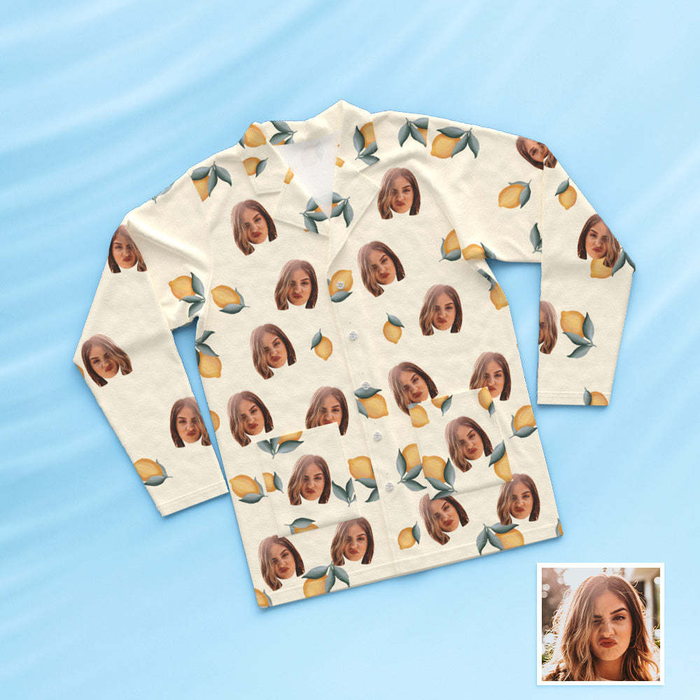 Custom Face Long Sleeve Button Down Sleepwear Personalized Photo Pajamas Lemon Floral Print Gift For Friends - 