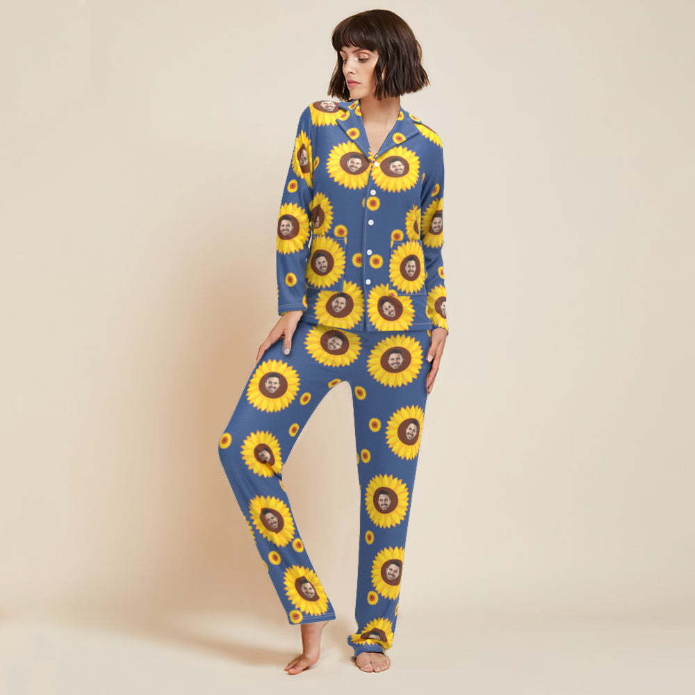 Custom Face Long Sleeve Button Down Sleepwear Personalized Photo Blue Pajamas Sunflowers Gift For Friends - 