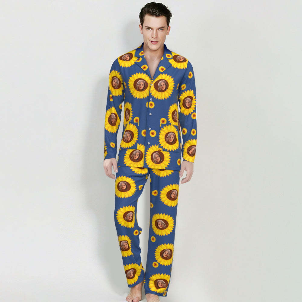 Custom Face Long Sleeve Button Down Sleepwear Personalized Photo Blue Pajamas Sunflowers Gift For Friends - 