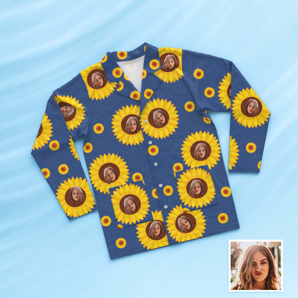 Custom Face Long Sleeve Button Down Sleepwear Personalized Photo Blue Pajamas Sunflowers Gift For Friends - 