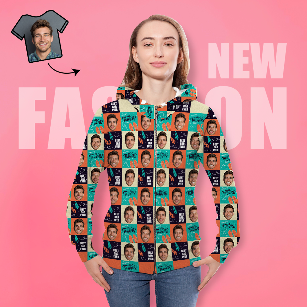 Custom Face Hoodie Casual Printed Photo ZIP Hoodie For Men Women - Best Dad Ever-New - 