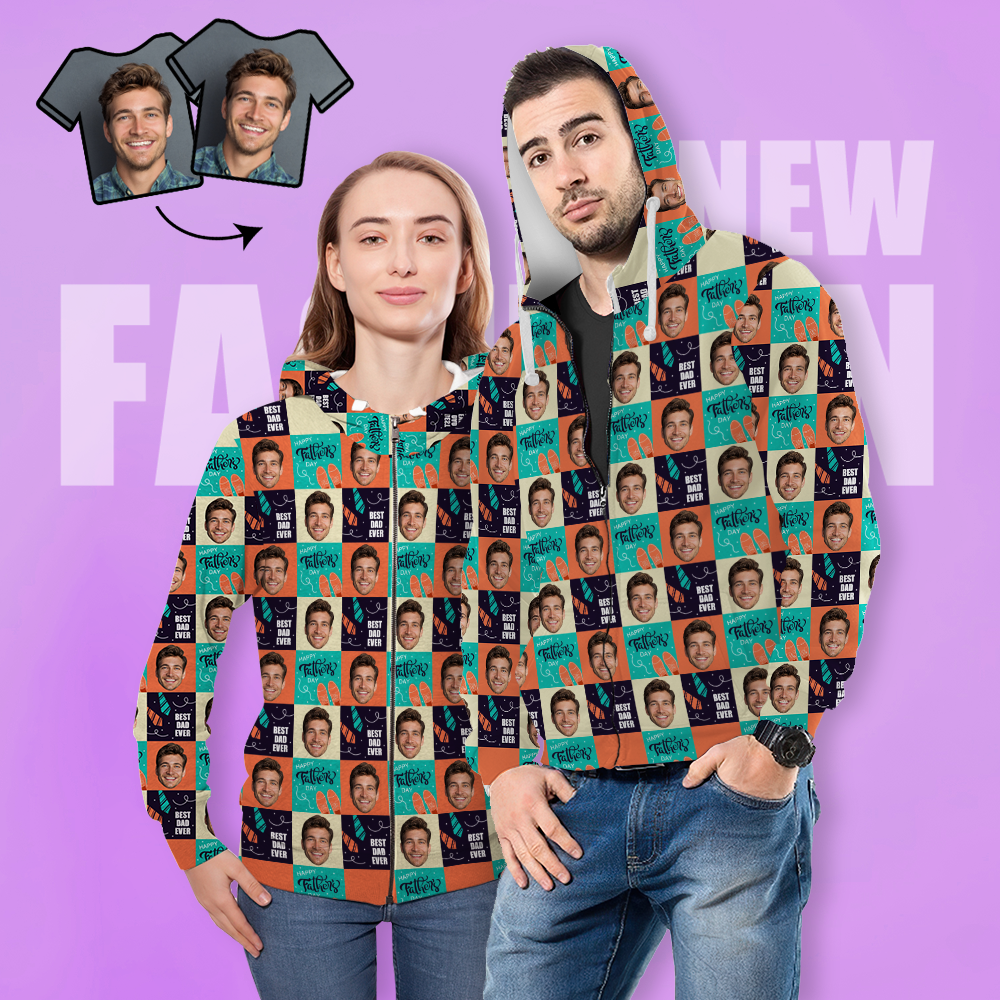 Custom Face Hoodie Casual Printed Photo ZIP Hoodie For Men Women - Best Dad Ever-New - 