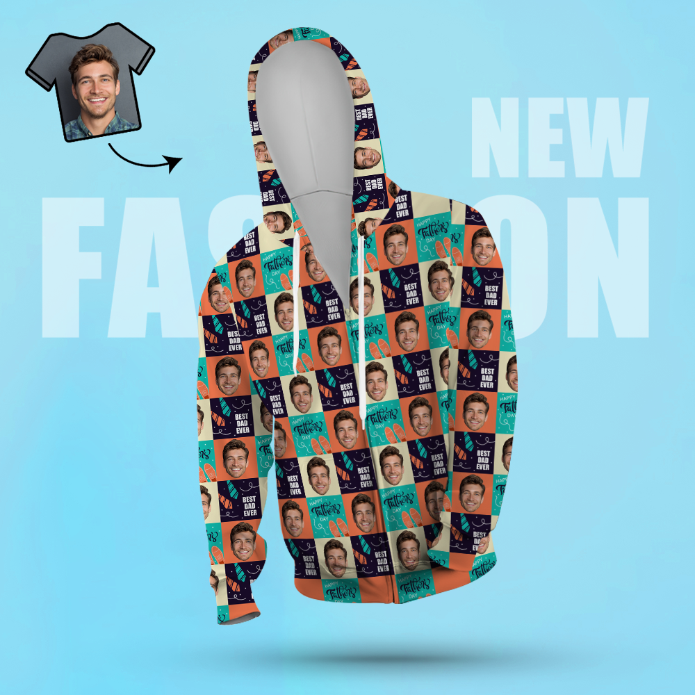 Custom Face Hoodie Casual Printed Photo ZIP Hoodie For Men Women - Best Dad Ever-New - 
