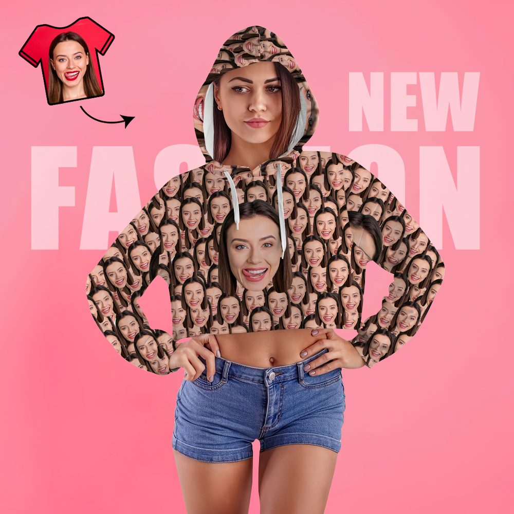 Custom Face Women's Cropped Hoodie Casual Printed Photo Pullover - Big Face - 