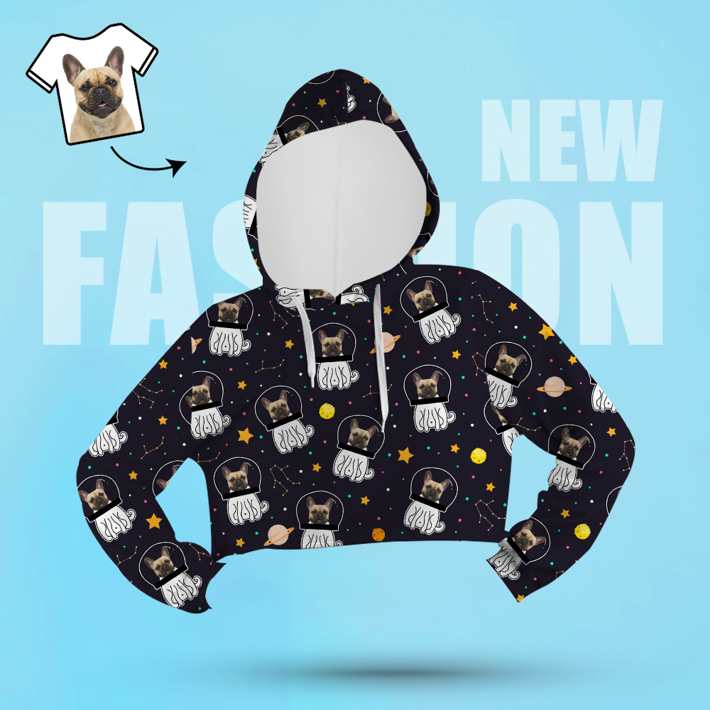 Custom Face Women's Cropped Hoodie Casual Printed Photo Black Pullover - Space Dog - 