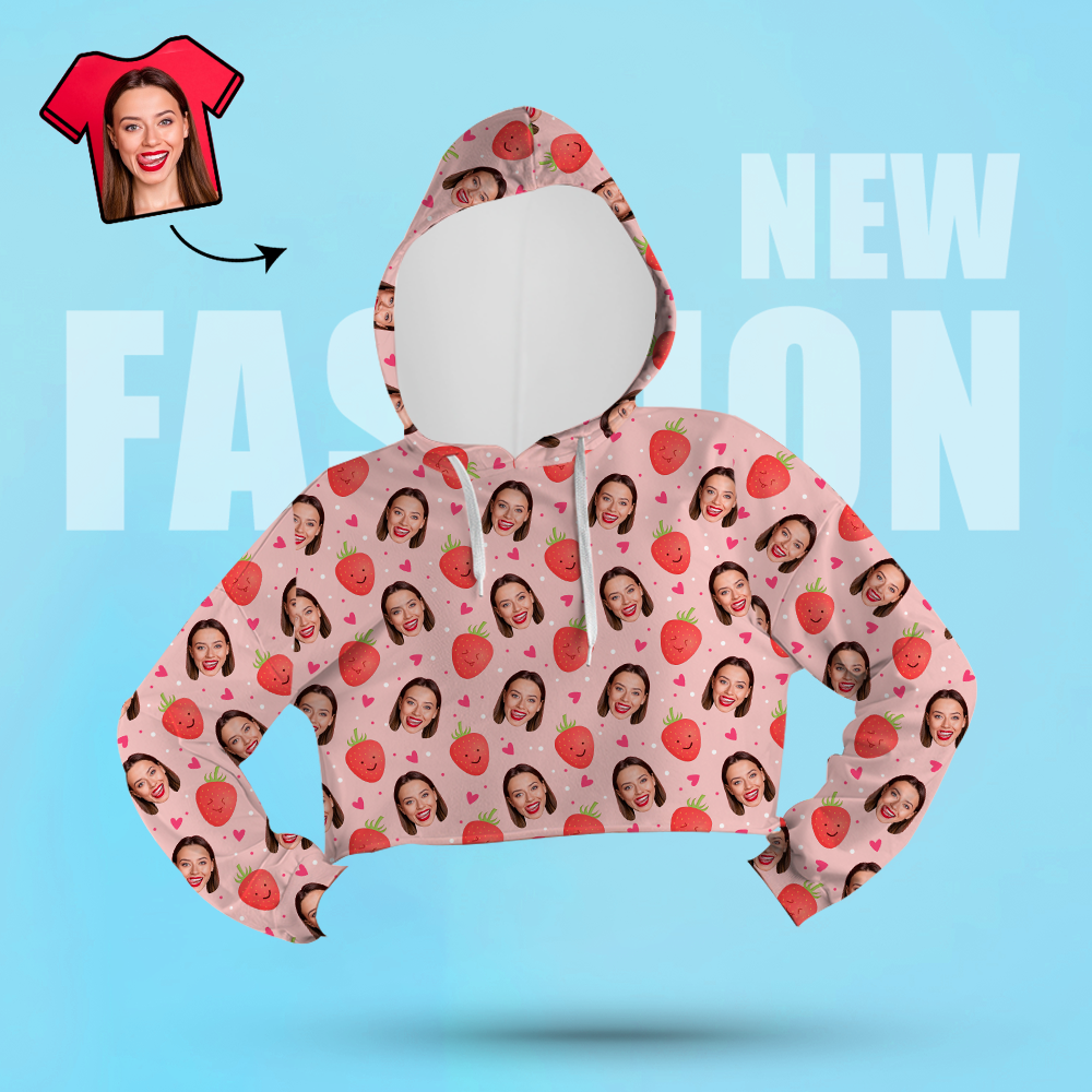 Custom Face Women's Cropped Hoodie Casual Printed Photo White Pullover - Strawberry - 