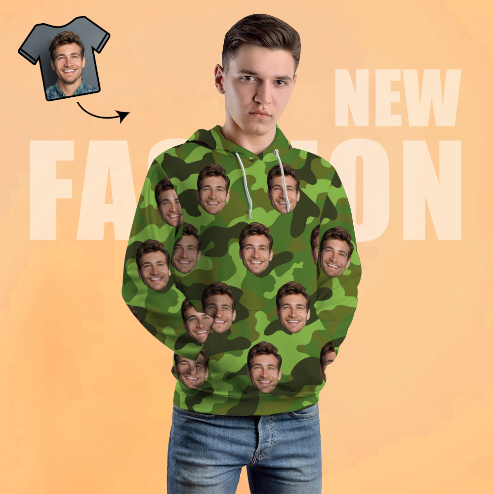 Custom Face Unisex Hoodie Casual Printed Photo Green Hoodie For Men Women - Camouflage - 