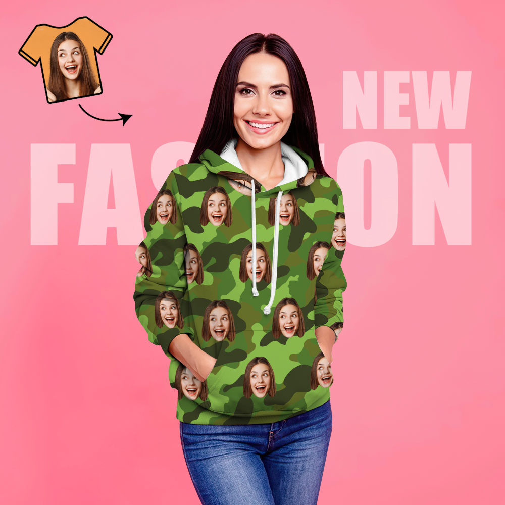 Custom Face Unisex Hoodie Casual Printed Photo Green Hoodie For Men Women - Camouflage - 