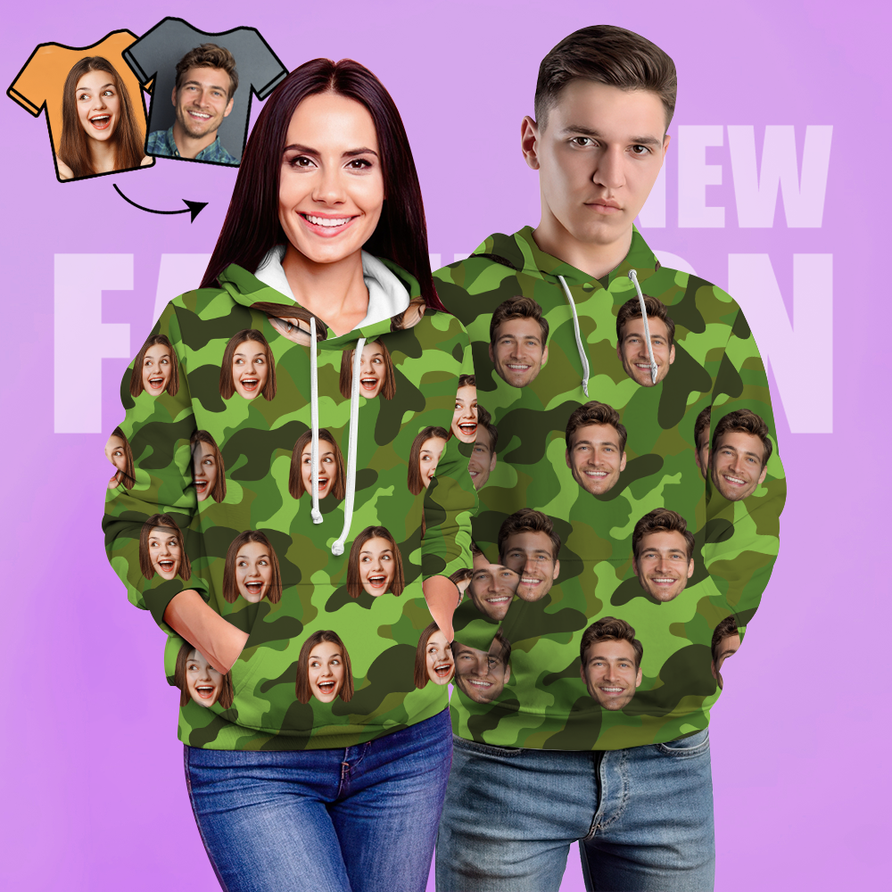 Custom Face Unisex Hoodie Casual Printed Photo Green Hoodie For Men Women - Camouflage - 