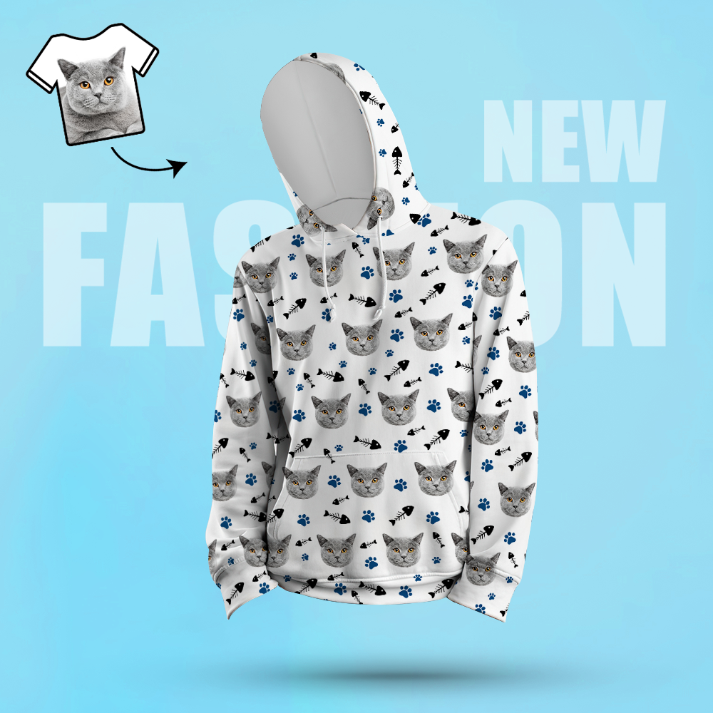 Custom Face Unisex Hoodie Casual Printed Photo White Hoodie For Men Women - Kitten Cat - 