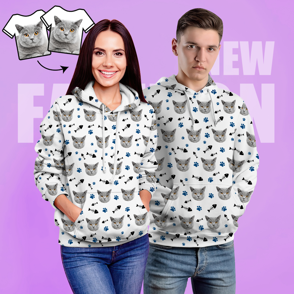 Custom Face Unisex Hoodie Casual Printed Photo White Hoodie For Men Women - Kitten Cat - 