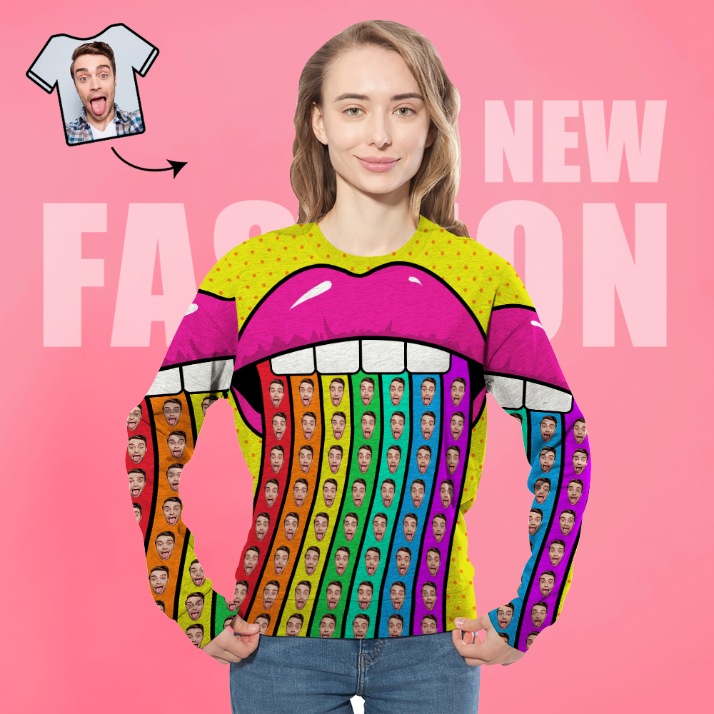 Custom Face Unisex Sweatshirt Casual Printed Photo Crewneck Shirt For Men Women - Rainbow Lips - 