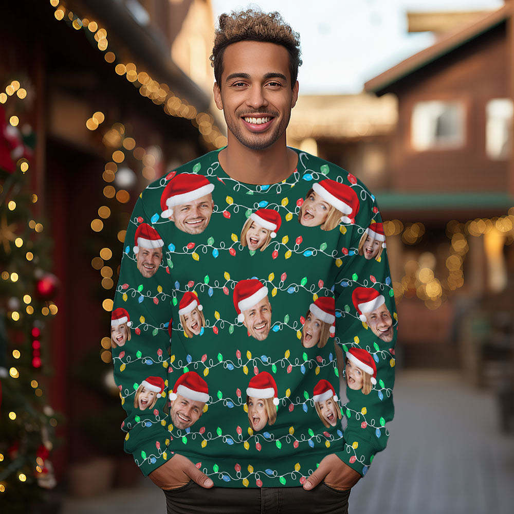 Custom Face Round Neck Hoodie Personalized Photo Christmas Family Xmas Leds Unisex Hoodies - 