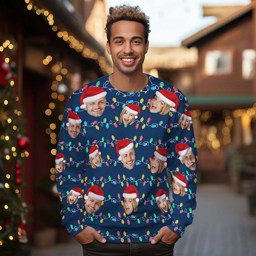 Custom Face Round Neck Hoodie Personalized Photo Christmas Family Xmas Leds Unisex Hoodies - 