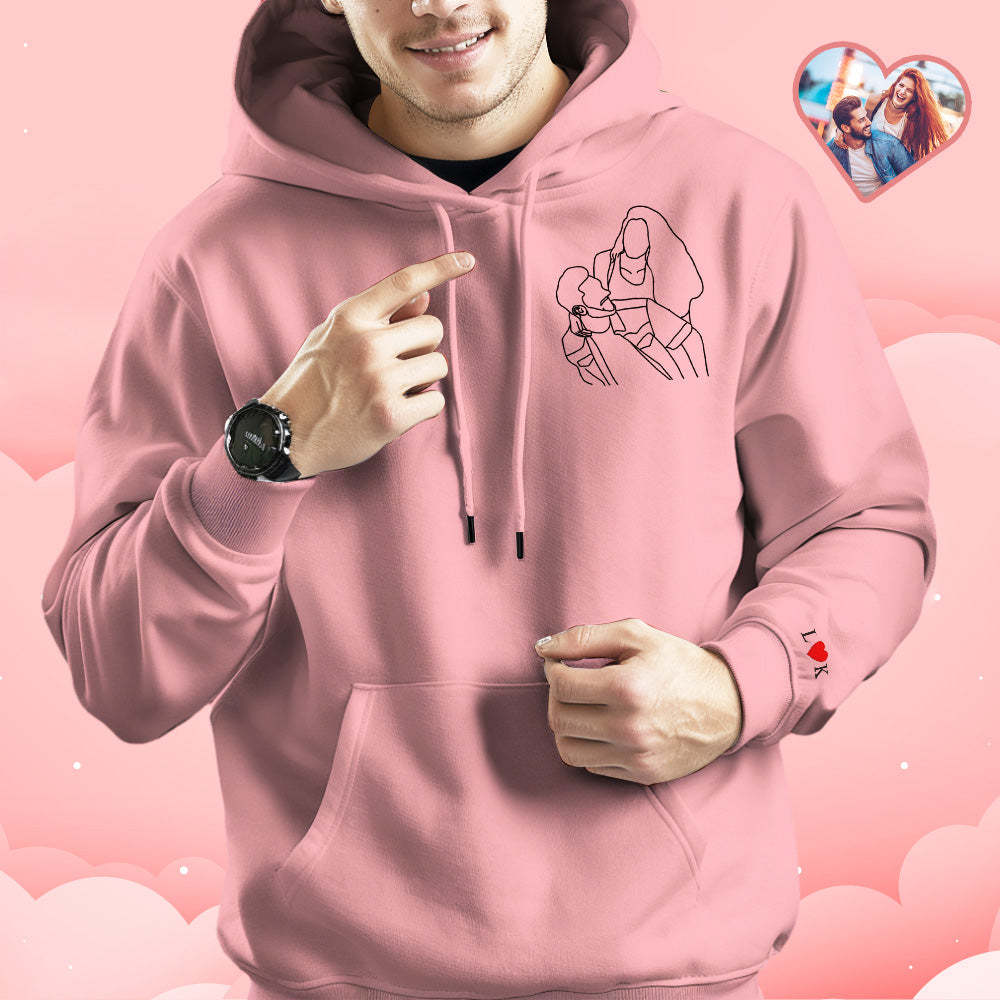 Custom Embroidered Photo Outline Hoodie With Letters Sweatshirt Gifts For Couples - 