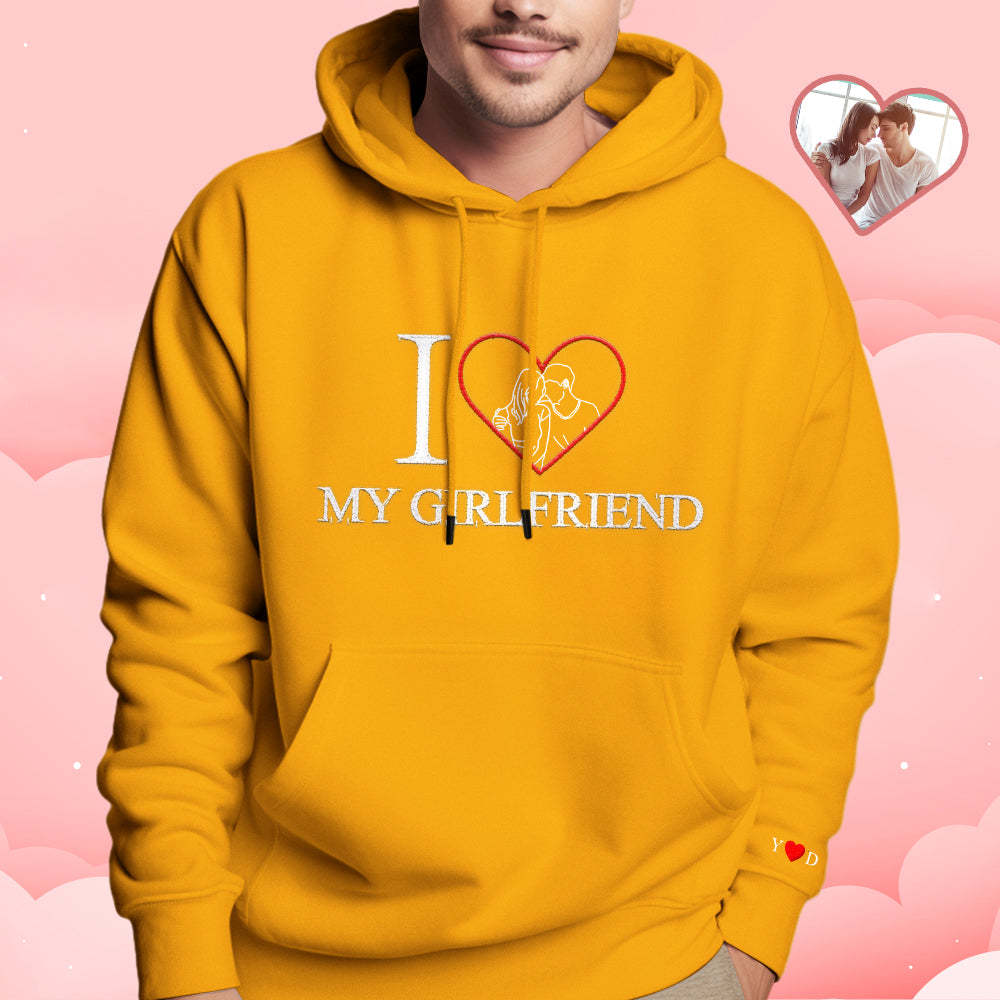 Personalized Embroidered Photo Outline Hoodie Red Heart Custom Picture Portrait Sweatshirt Valentine Gift - 