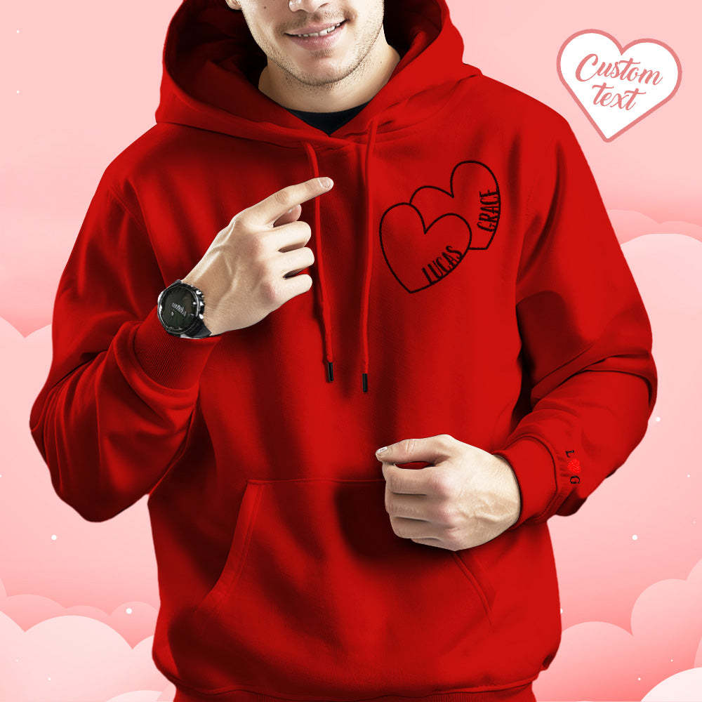 Custom Text Embroidered Hoodie Romantic Double Hearts Sweatshirt Valentine Gift - 