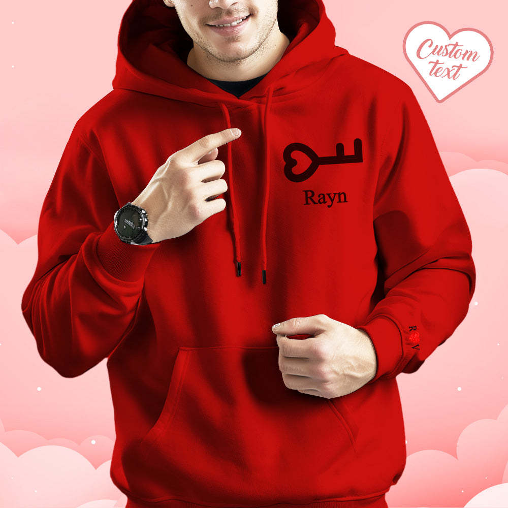 Personalized Text Embroidered Hoodie Meaningful Heart Key And Lock Set Couple Sweatshirt - 
